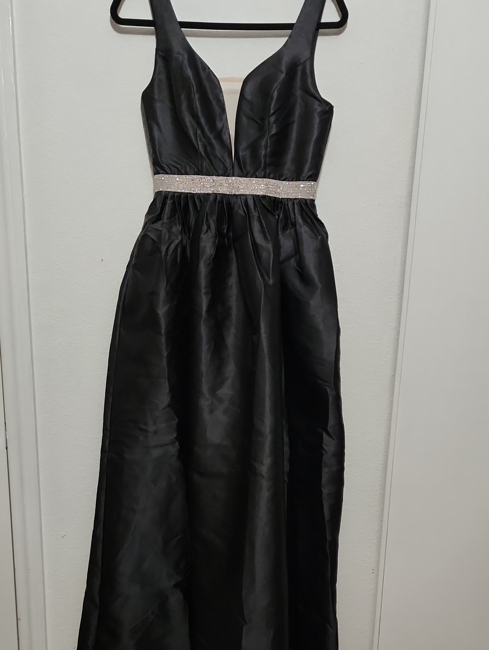 Black Satin V-Neck Evening Dress with Sparkle Waistband